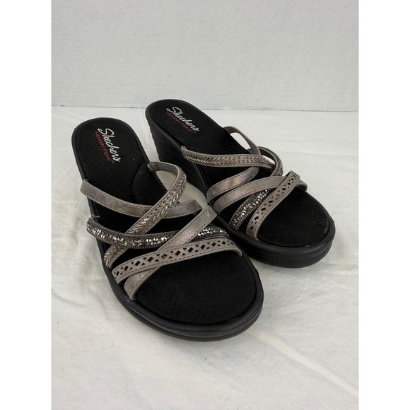 Skechers Womens Pewter Metallic Rhinestone Memory Foam Wedge Sandals Size 9 - Picture 2 of 11